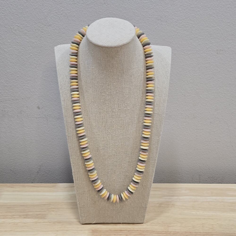 Vintage 22" Disc Bead Necklace Grey Pink Cream Yellow Single Strand 80's Retro